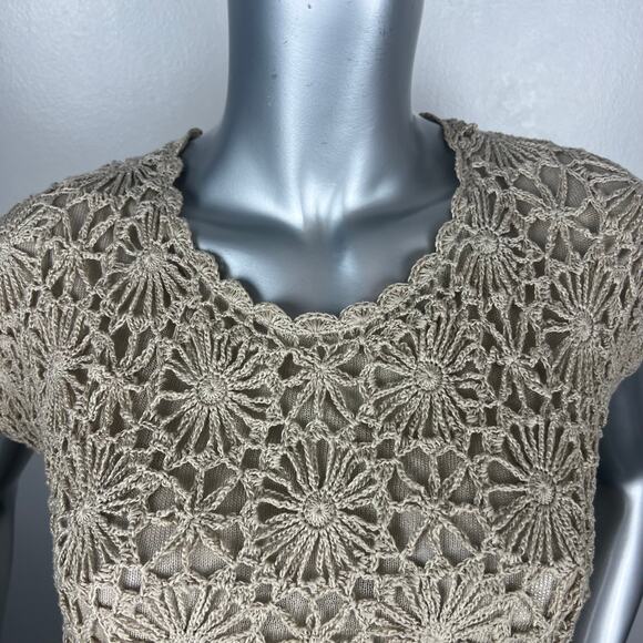Joseph A. Crochet Sweater Tan Short Sleeve Floral Boho Sz XL - Picture 4 of 8